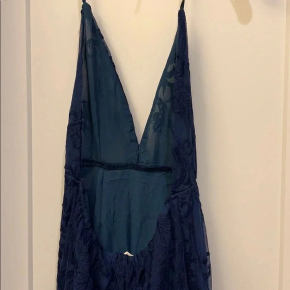 Navy Blue Brocade Halter Maxi Wrap Dress - Picture 7 of 11
